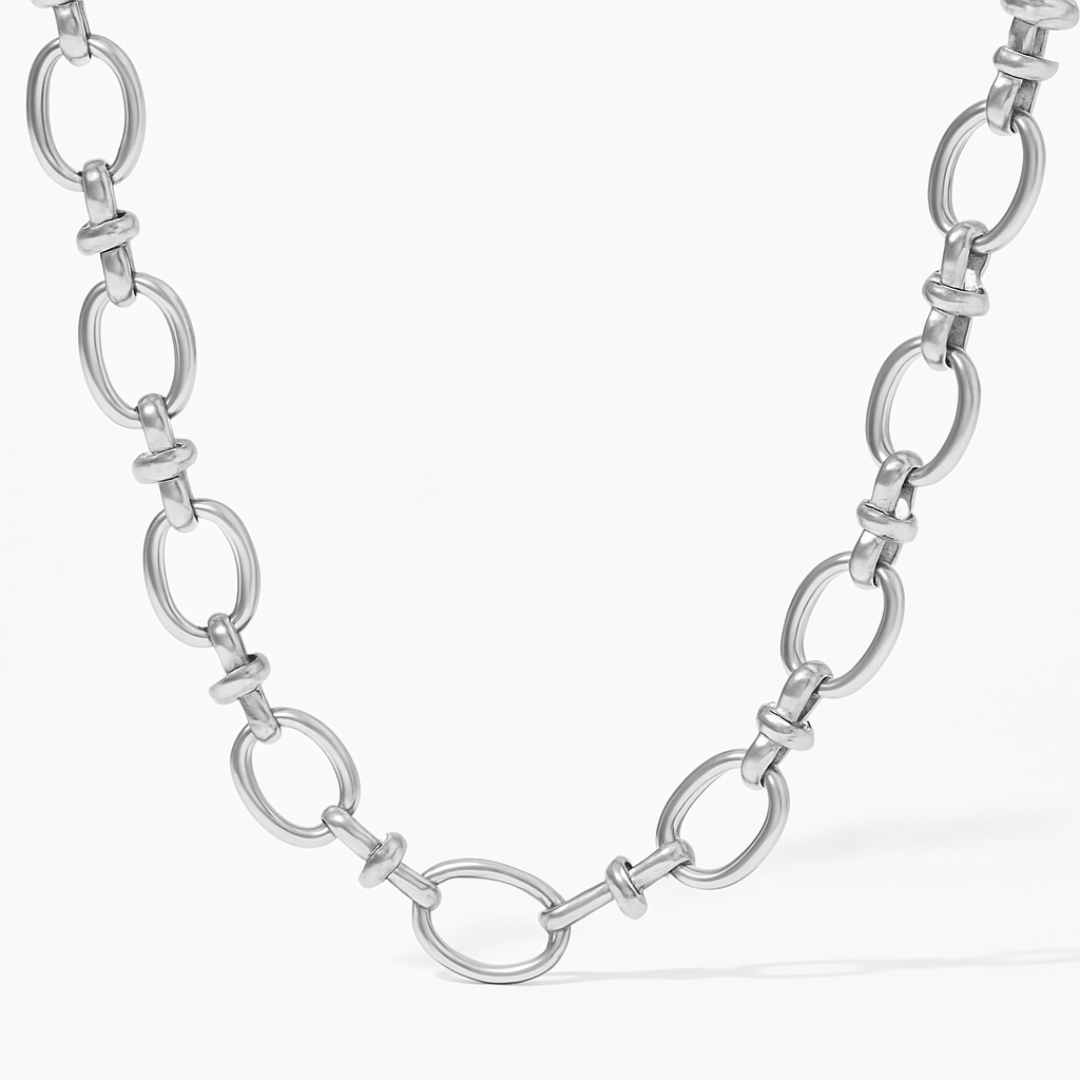 18K Silver plated stainless steel chain necklace on a white background.