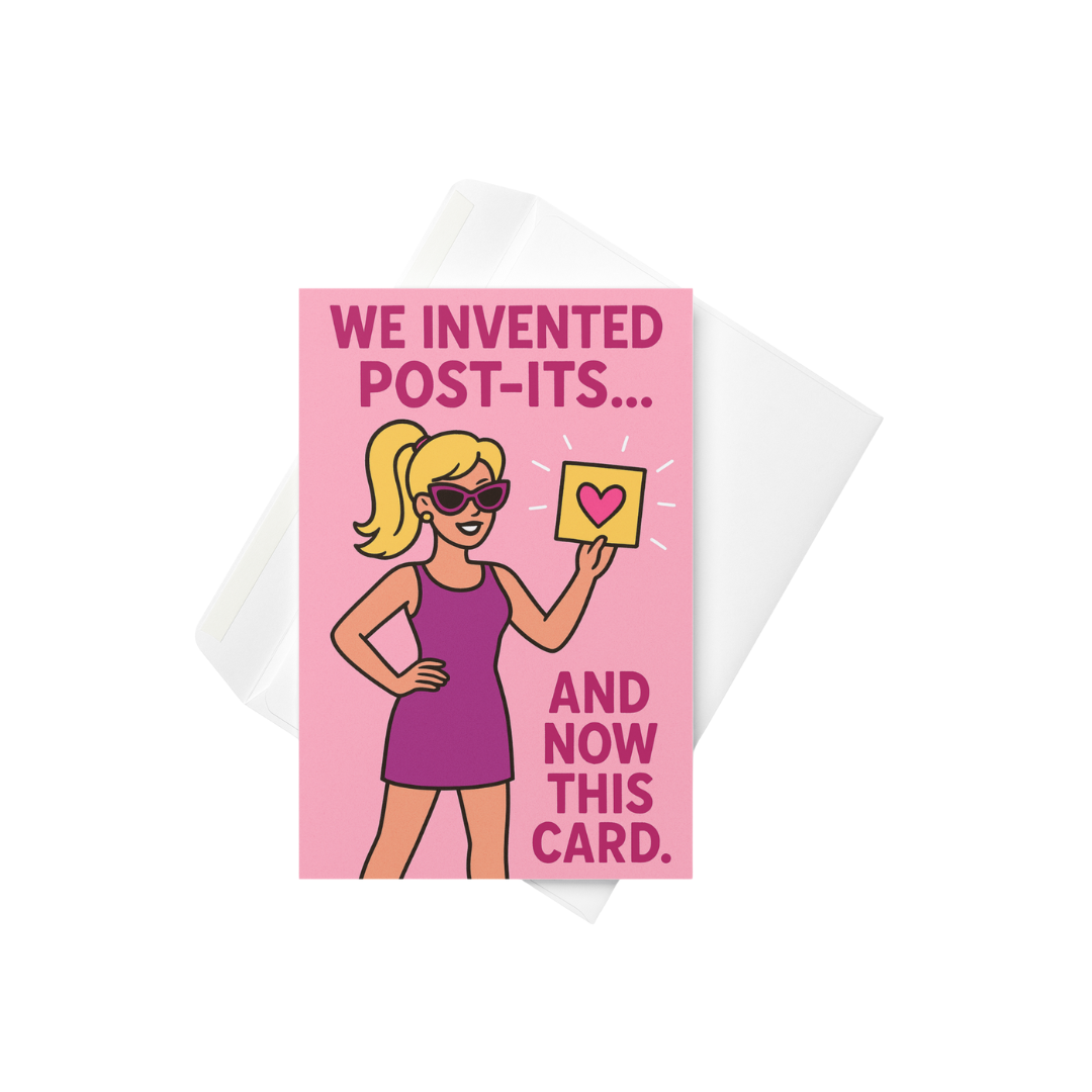 Card with a cartoon character holding a post-it note and text saying "I invented post-its" on a pink background