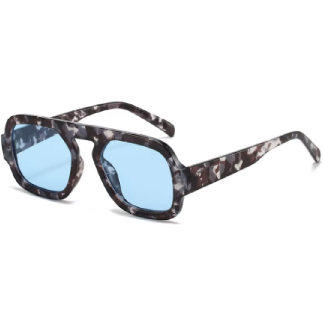 Marble Blue Lensed Retro Sunnies with a white background.
