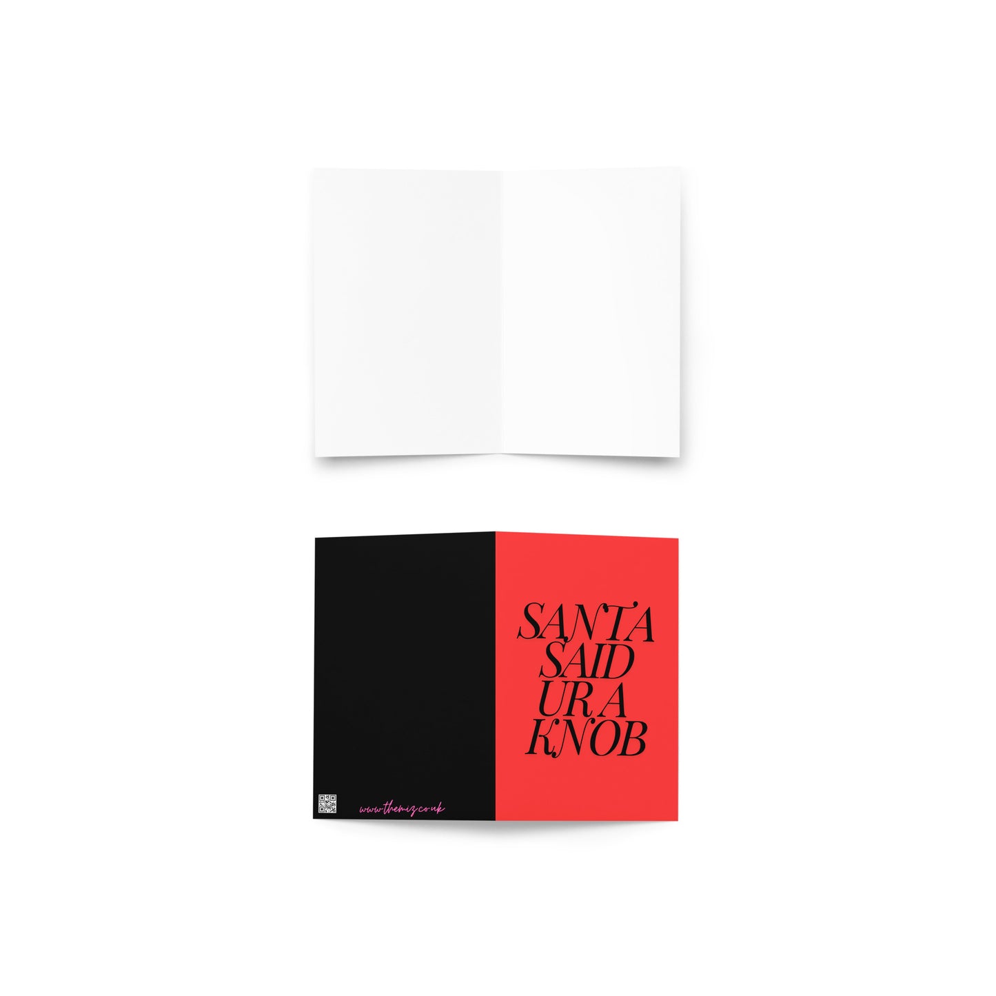 A red card with 'Santa Said Ur a Knob' written in black text and a complimentary envelope.