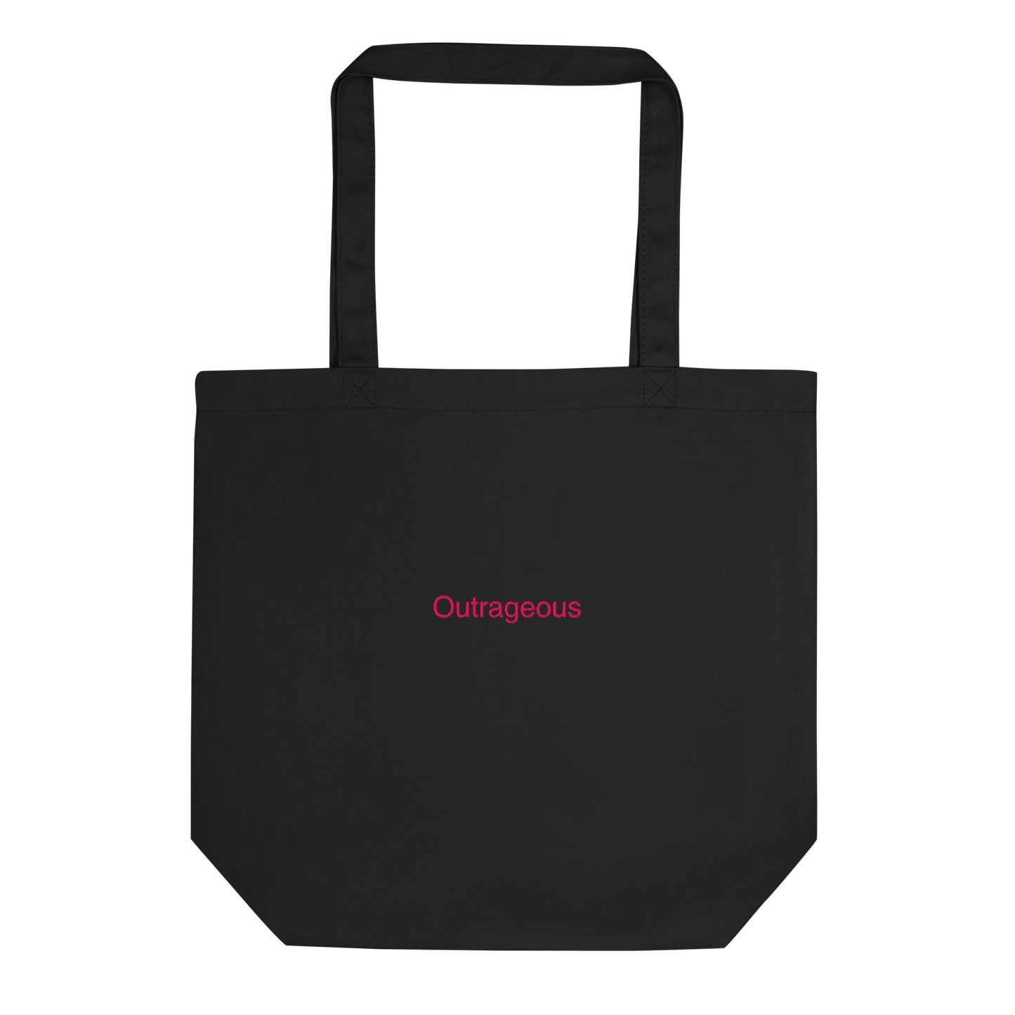 Black Outrageous Slogan embroidered eco tote bag on a blank surface.