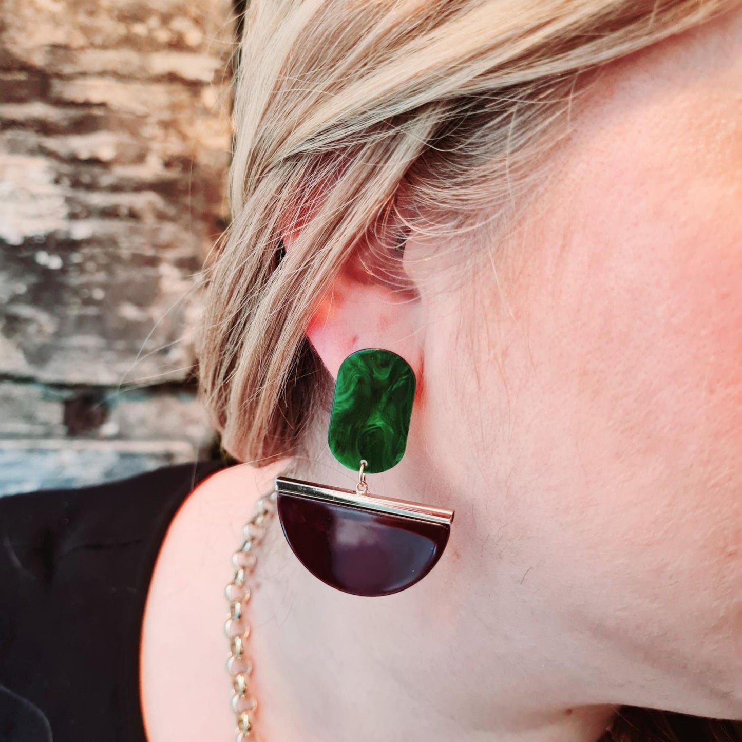 Upcycled Burgundy & Green Resin Drop Earrings