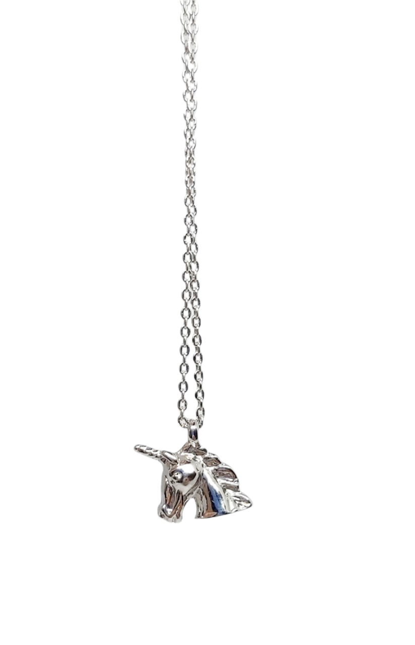 A silver plated unicorn charm on a necklace chain.