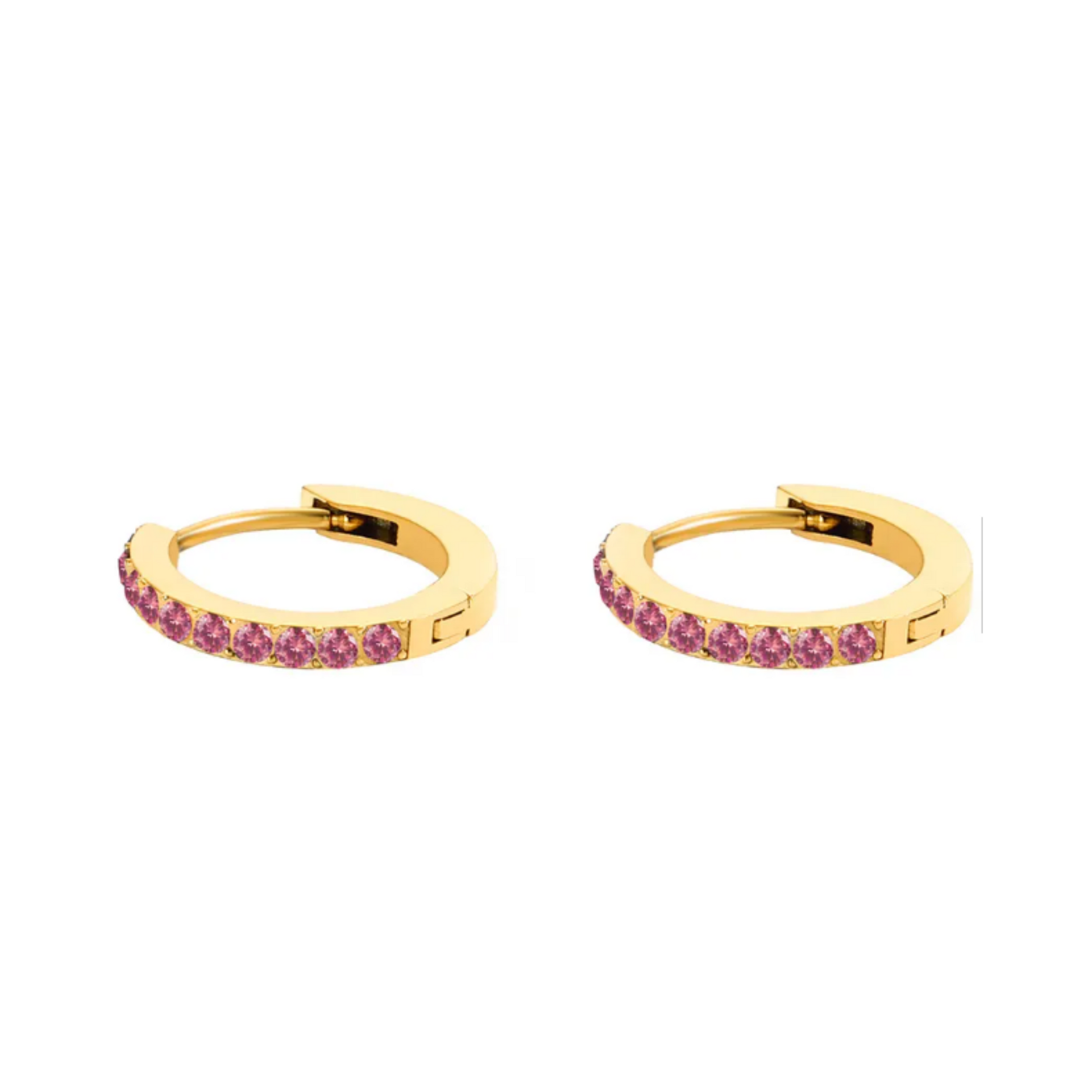 14K Gold Plated Violet Stone Mini Hoops on a white background.