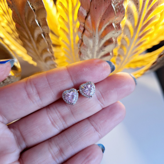 Sparkle 14k White Gold Pink Heart Studs