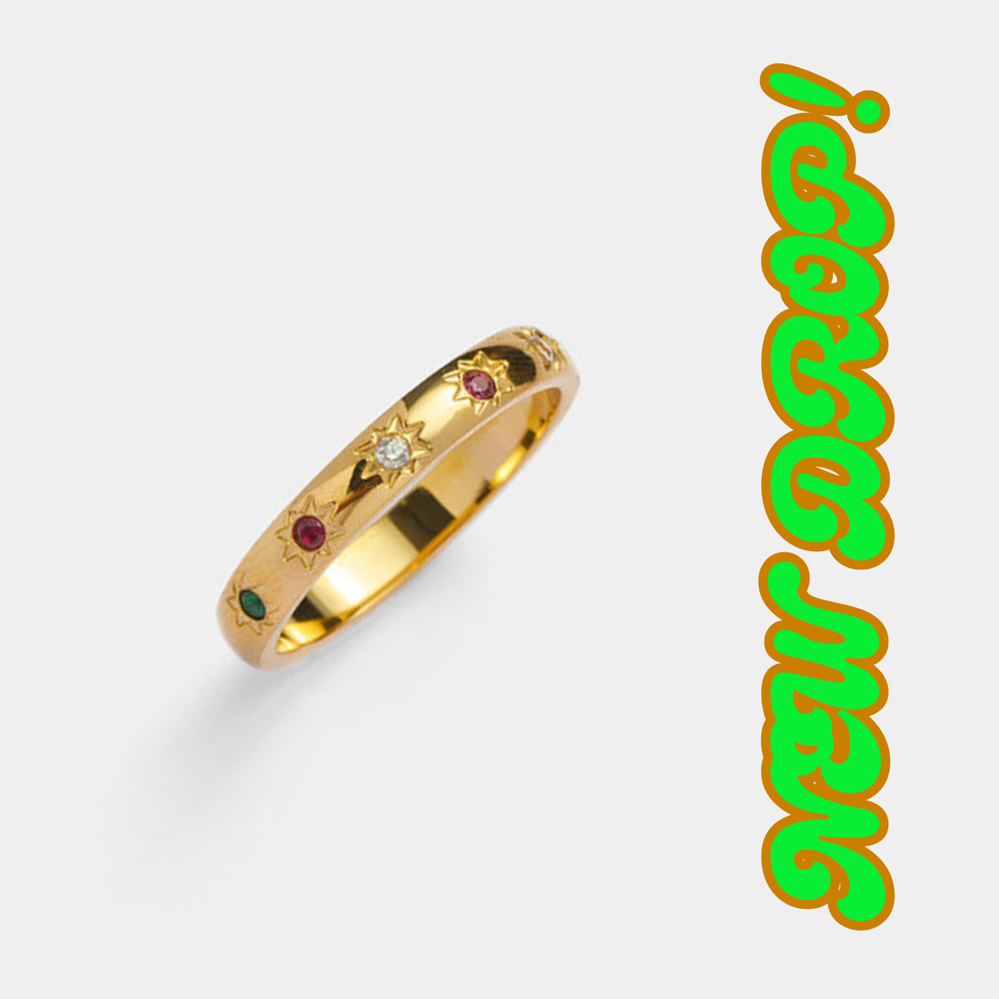 Stainless Steel 18K Gold Plated Celestial Stone Ring with embedded gemstones on a white background.