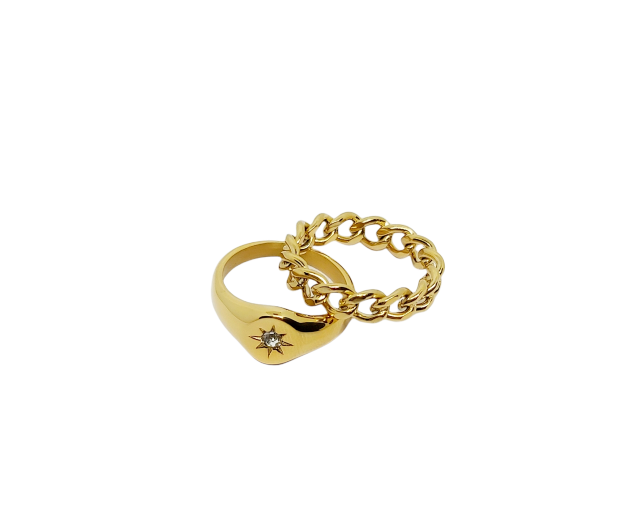 18K Gold Plated Sparkle Signet Ring and gold curb chain ring on a white background.
