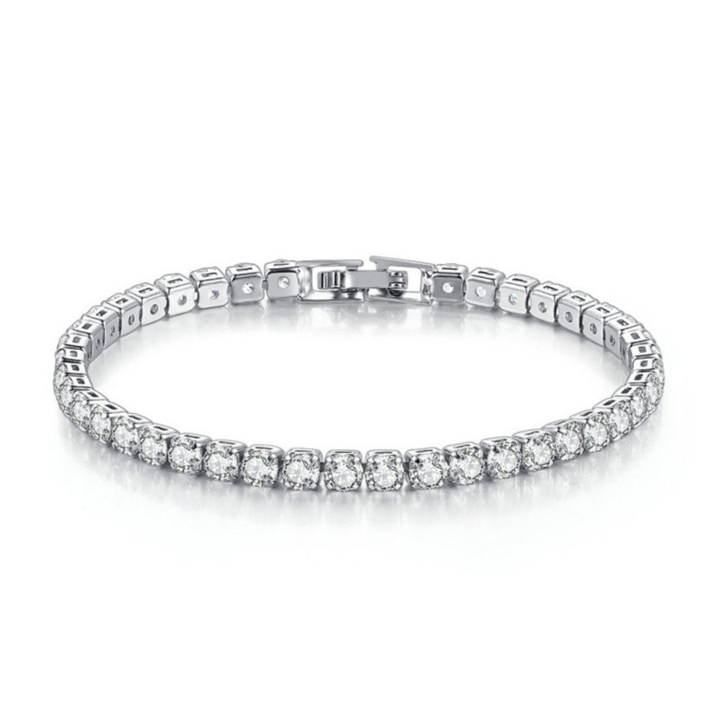 A silver-plated bracelet featuring a series of sparkling stones in a linked chain design.