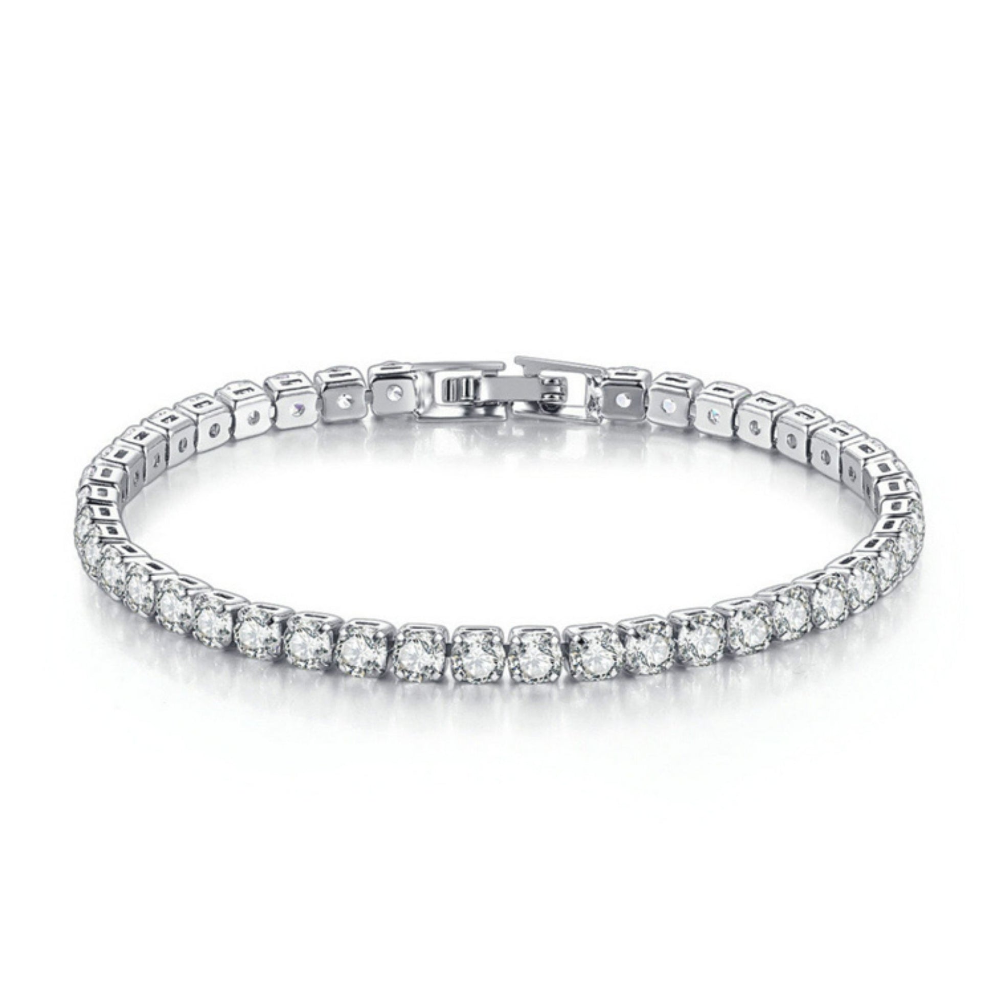 A silver-plated bracelet featuring a series of sparkling stones in a linked chain design.