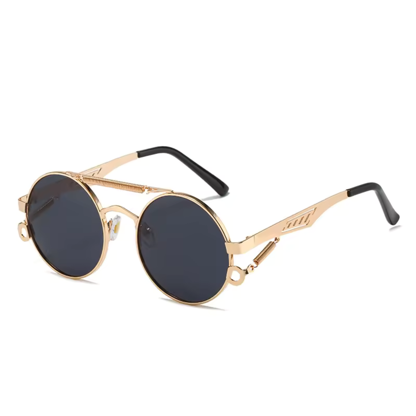 Circle sunglasses with black lenses with gold plating on a white background.