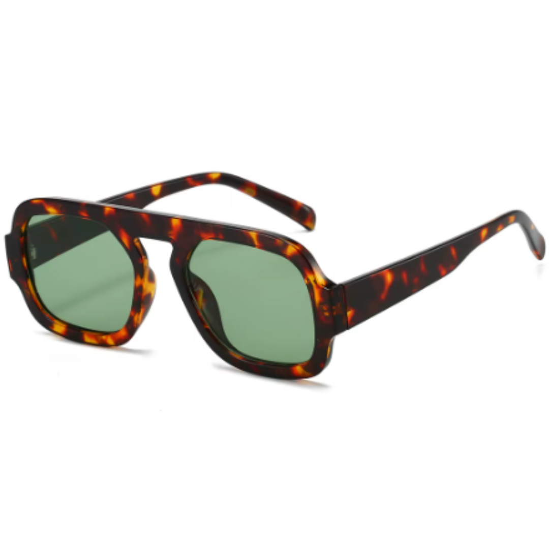 Brown Marble Retro Sunnies with Green Lense on a white background.