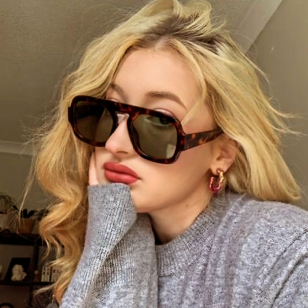 Brown Marble Retro Sunnies with Green Lenses on a pretty blonde with an attitude.