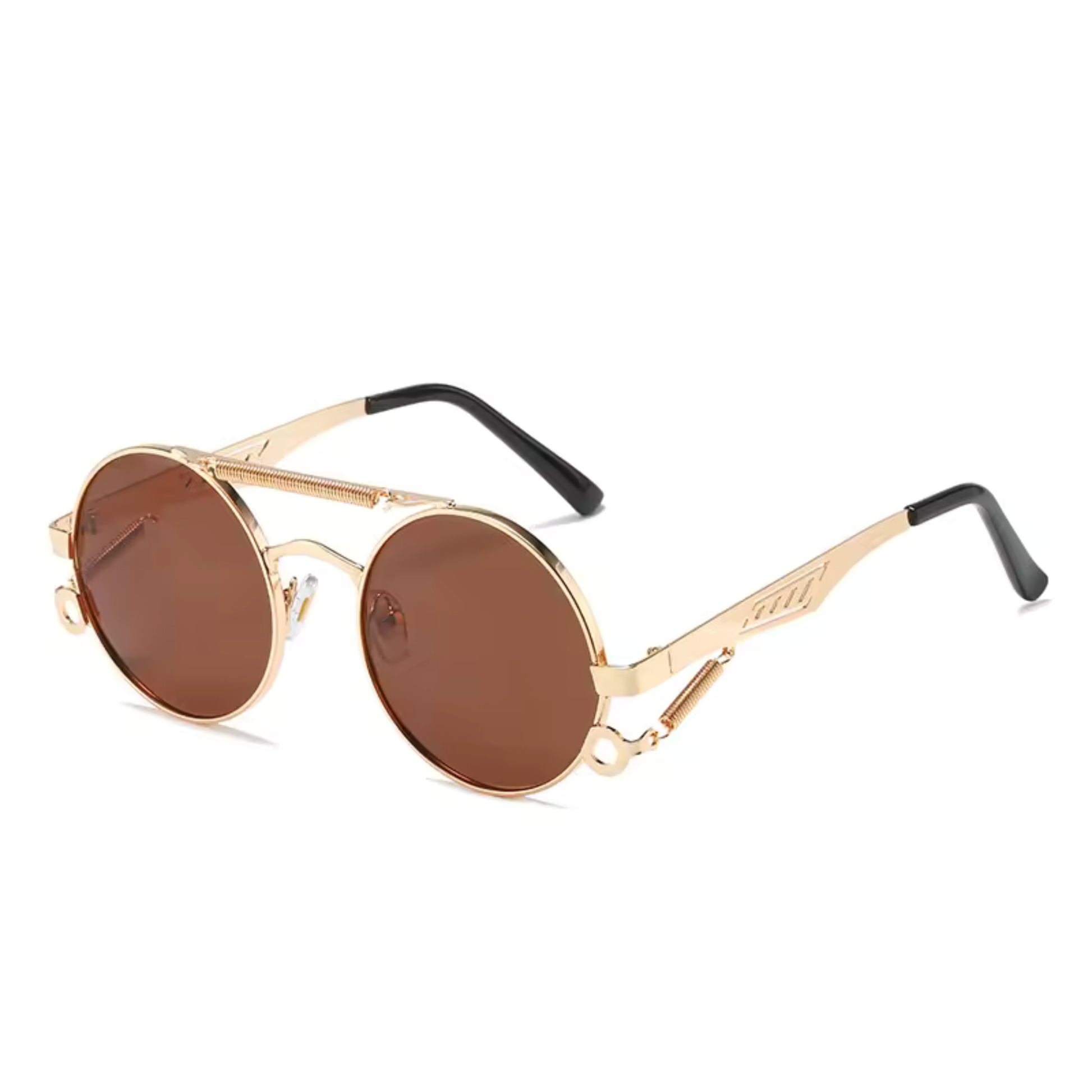 Circle sunglasses with brown lenses with gold plating on a white background.