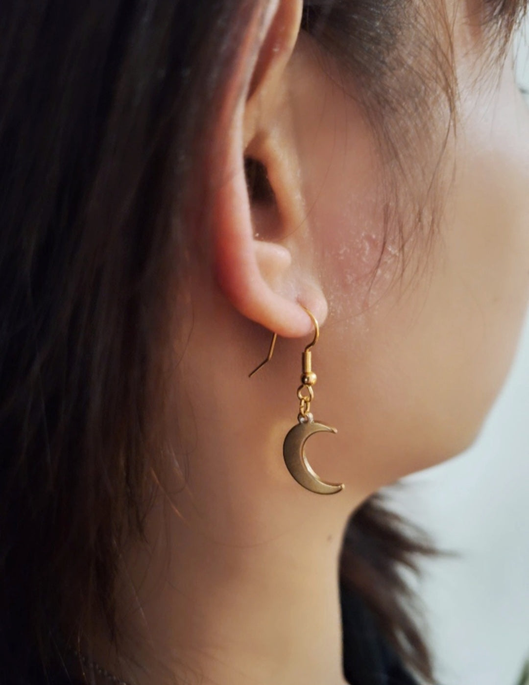 Celestial Moon Drop Gold Plated Earrings on a pretty girl.