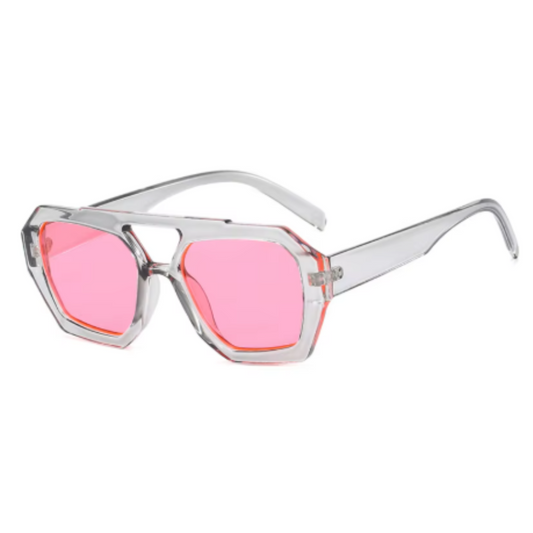Clear Pink Lensed Retro Sunnies on a white background.