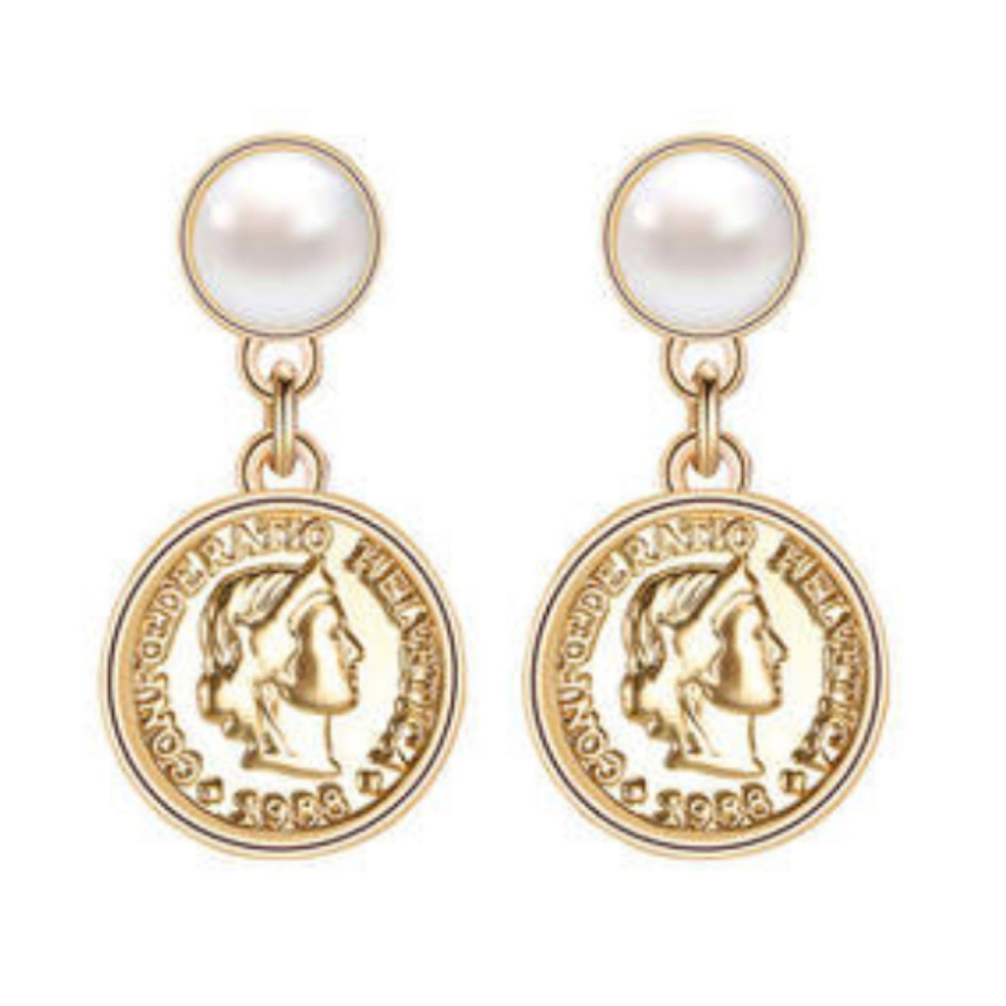 Decadent 14K Gold Plated Coin and Pearl Earrings on a white background.