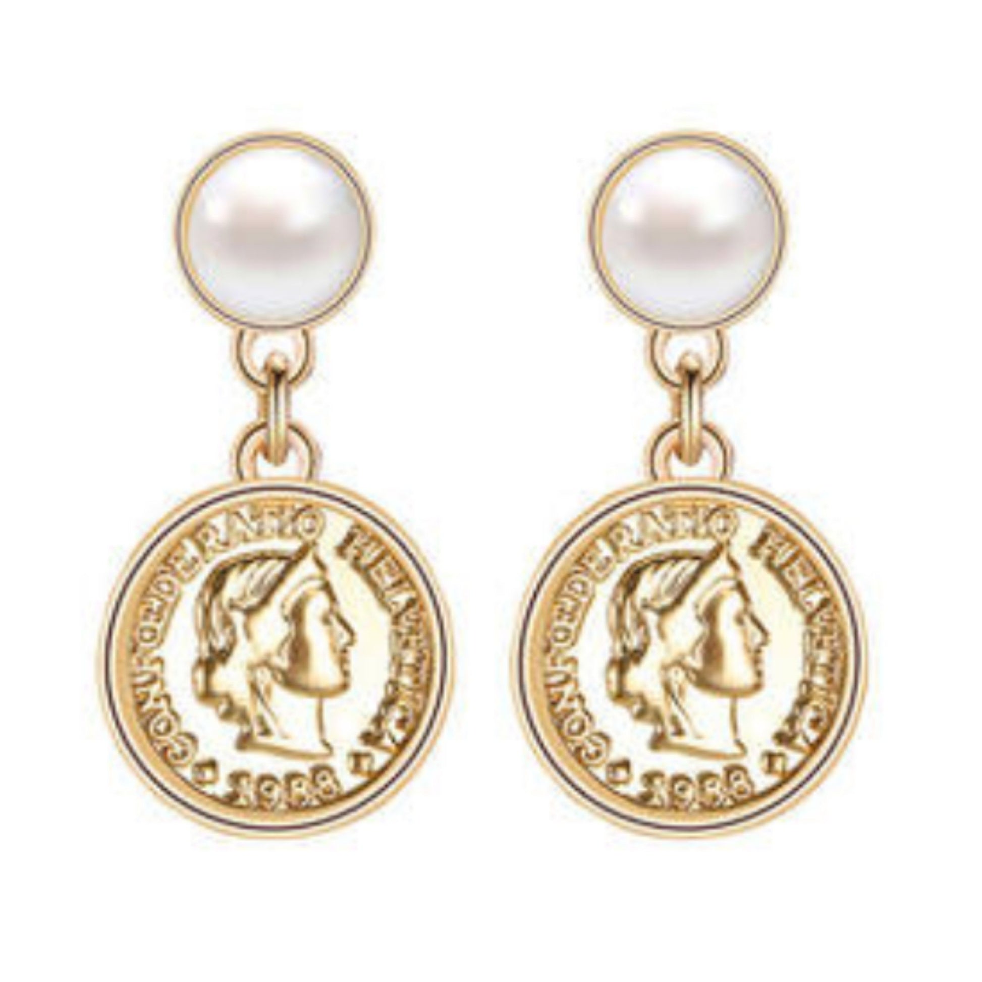 Decadent 14K Gold Plated Coin and Pearl Earrings on a white background.