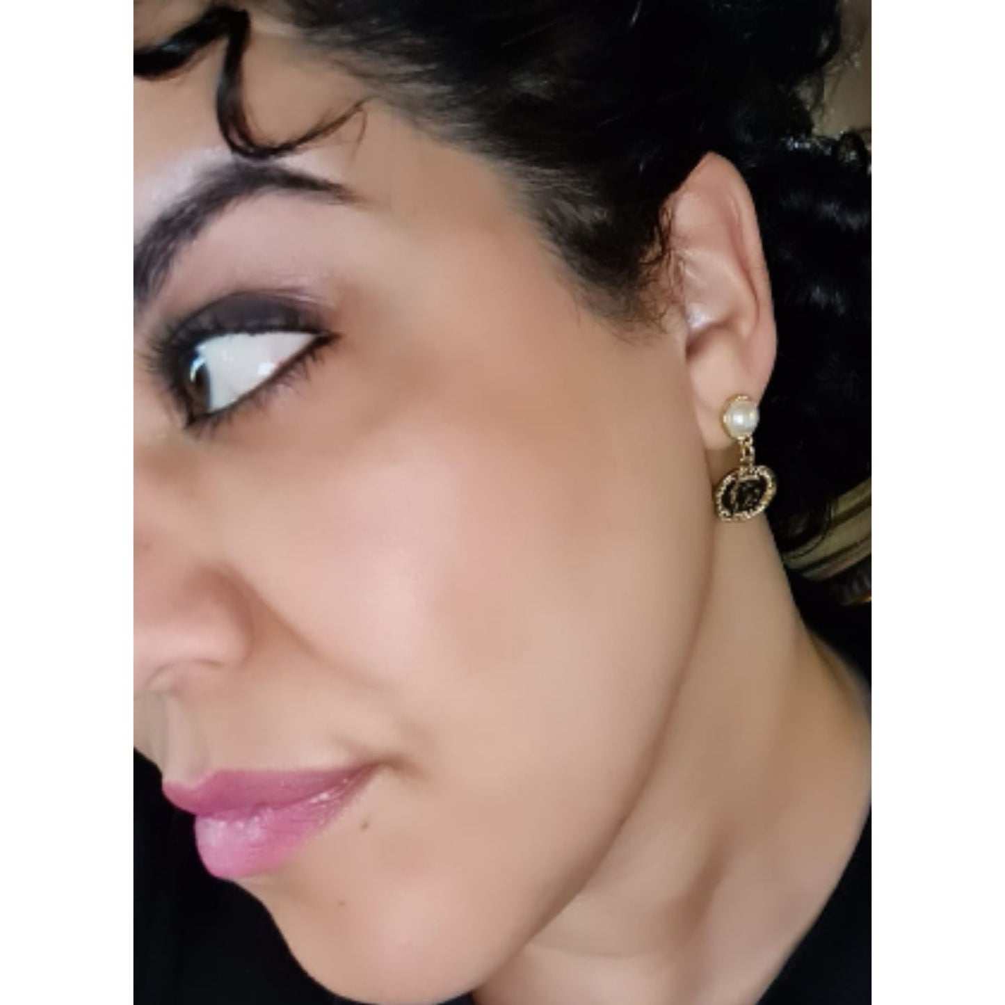 Decadent 14K Gold Plated Coin and Pearl Earrings on a pretty curly haired woman.