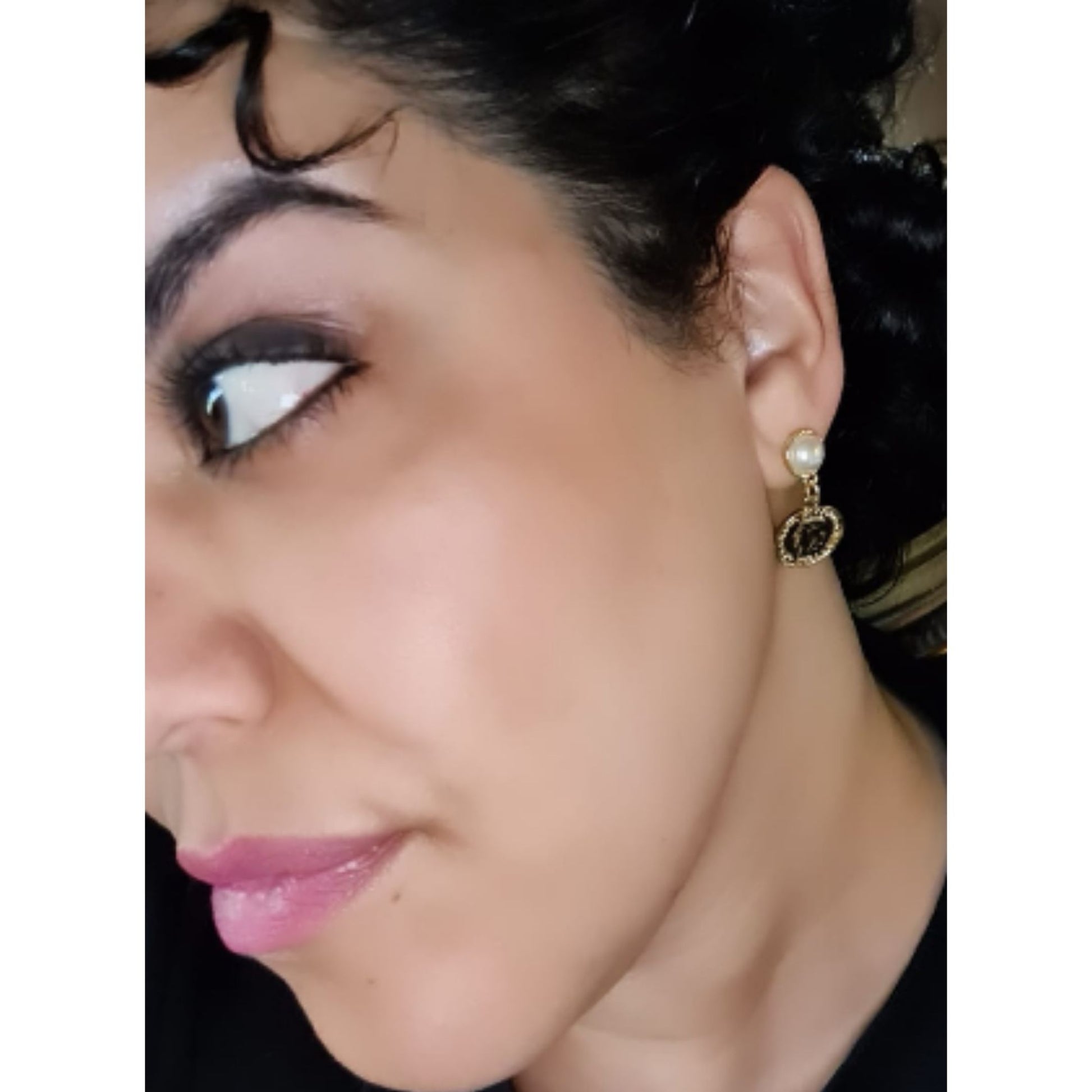 Decadent 14K Gold Plated Coin and Pearl Earrings on a pretty curly haired woman.