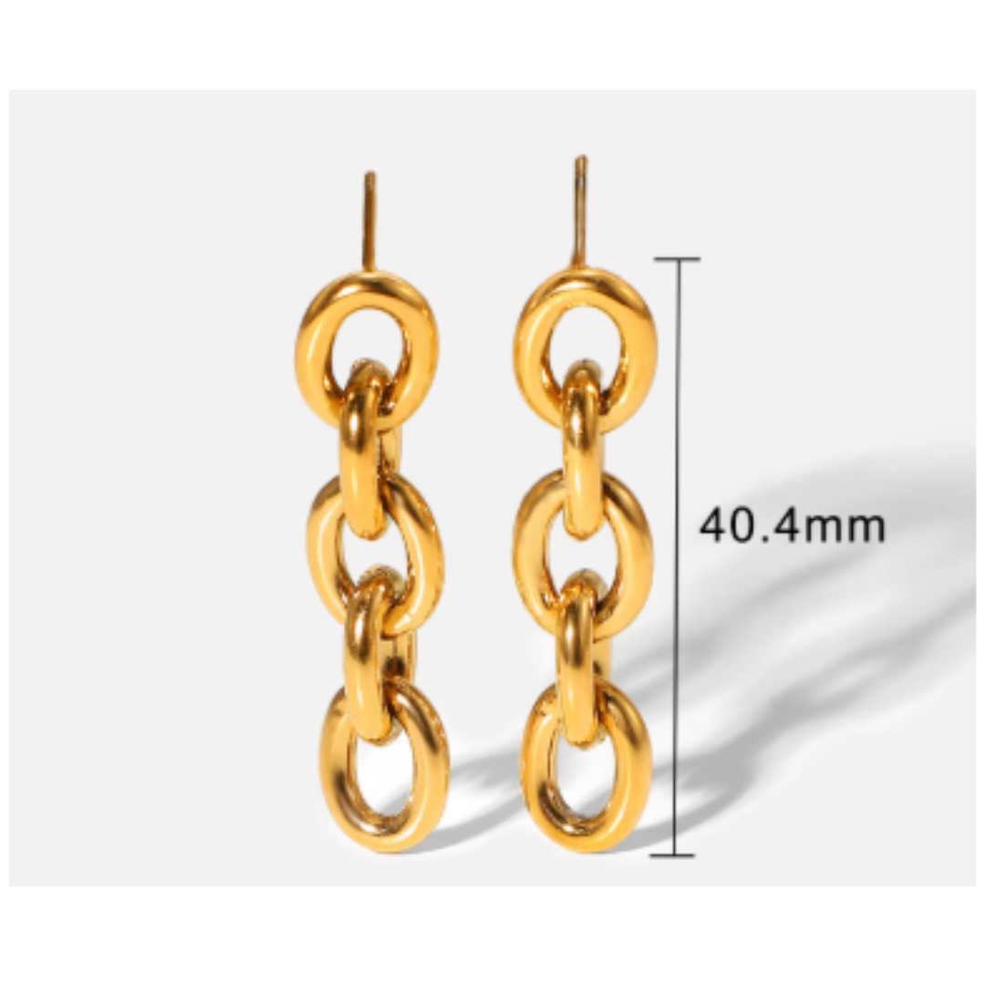 Gold chain link earrings on a white background with a measurement indication.