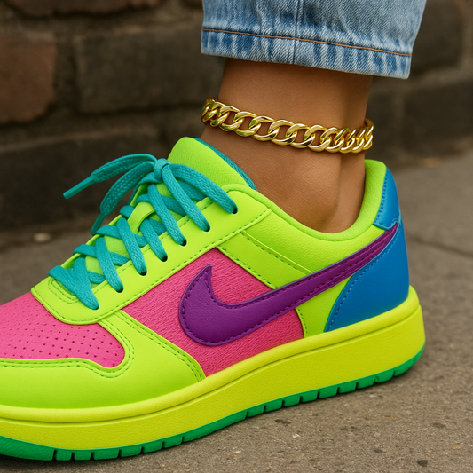 A neon bright pair of Nike trainers with a gold curb chain anklet being worn as an accessories.