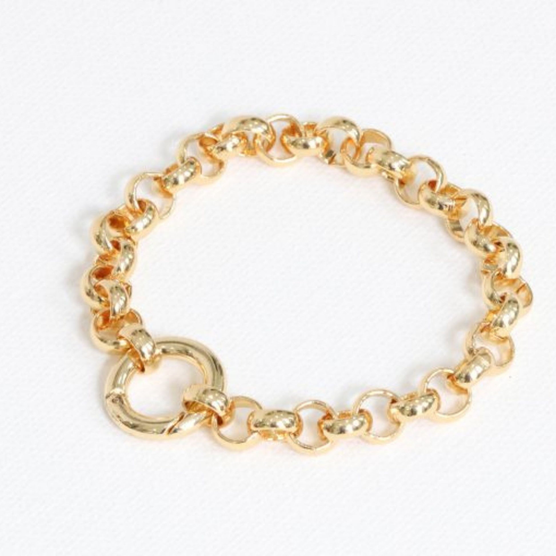 A gold-plated chunky rolo chain bracelet on a white background.