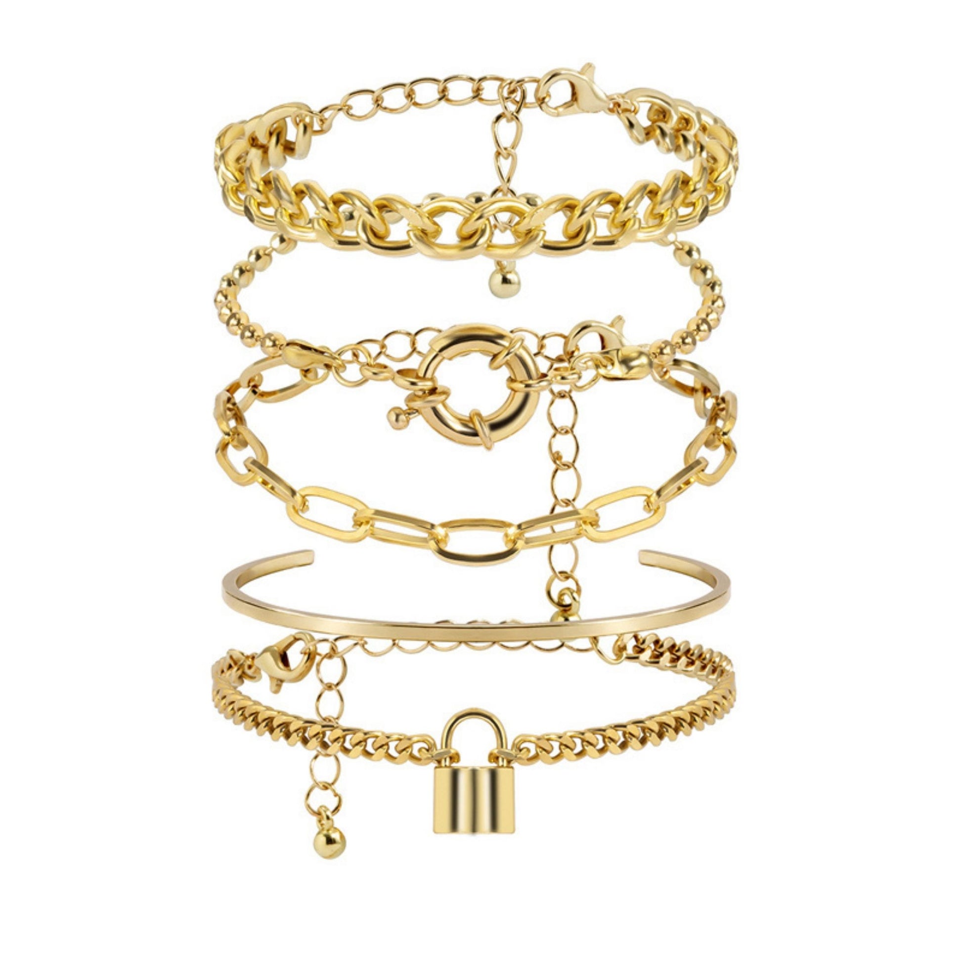 Multi-pack gold plated bracelet set of 5 with a mixture of styles on a white background.
