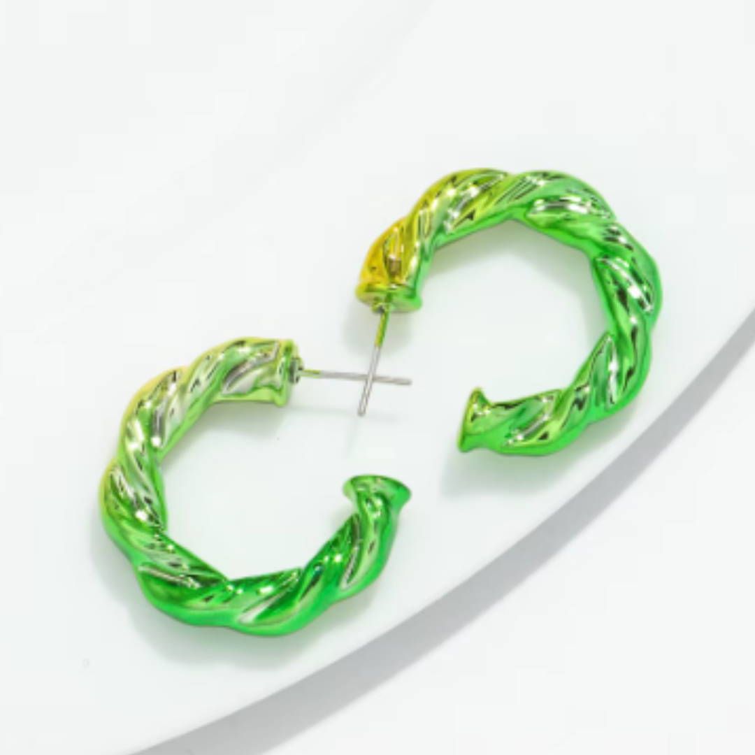Fun neon bright acrylic hoops on a white background.