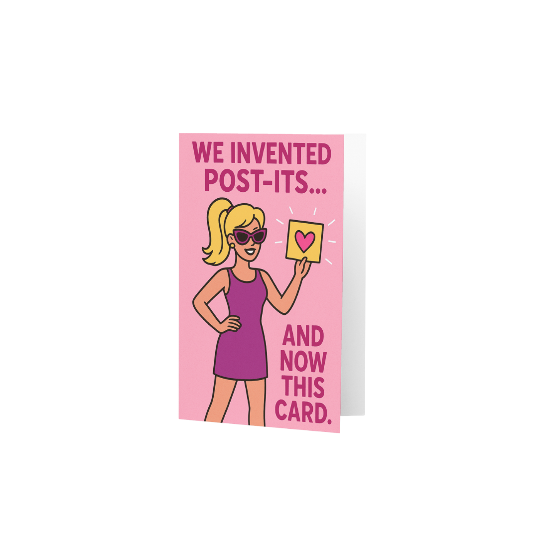 Card with a cartoon character holding a post-it note and text saying "I invented post-its" on a pink background.