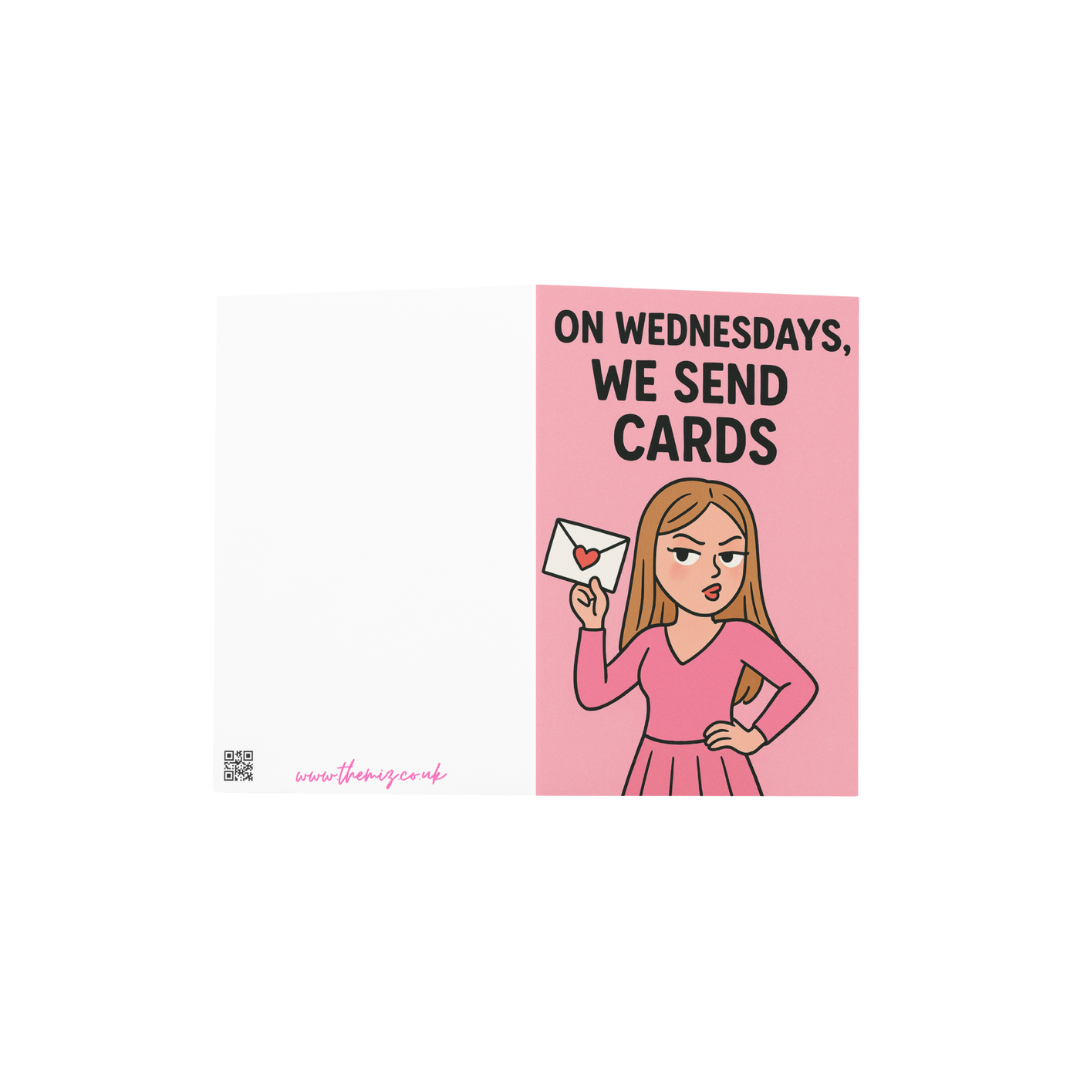 Card with a cartoon character holding an envelope and text 'On Wednesdays, We Send Cards' on a pink background.