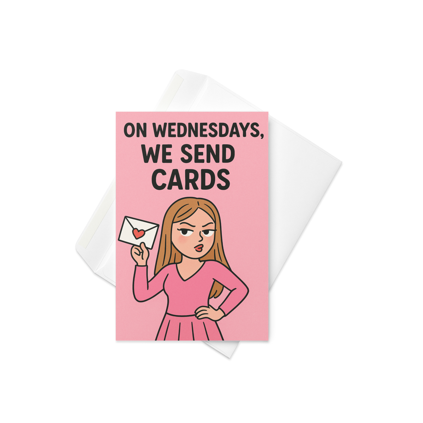 A pretty pink funny greeting card with the slogan "on Wednesdays we wear pink" inspired by the movie Mean Girls. With a blank surface inside and a complimentary envelope with it.