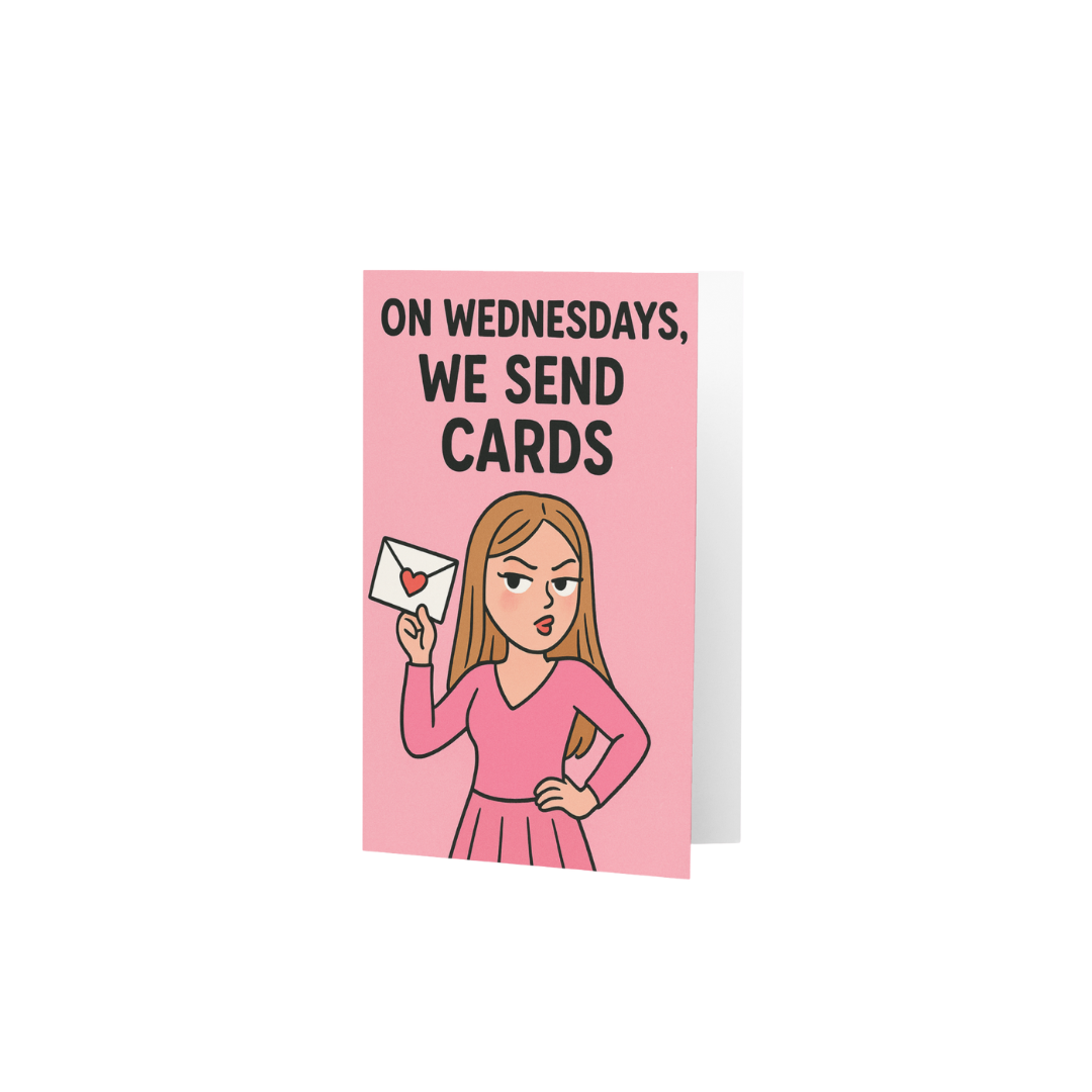 Pink greeting card with a cartoon character holding an envelope and text 'On Wednesdays, We Send Cards' on a white background.