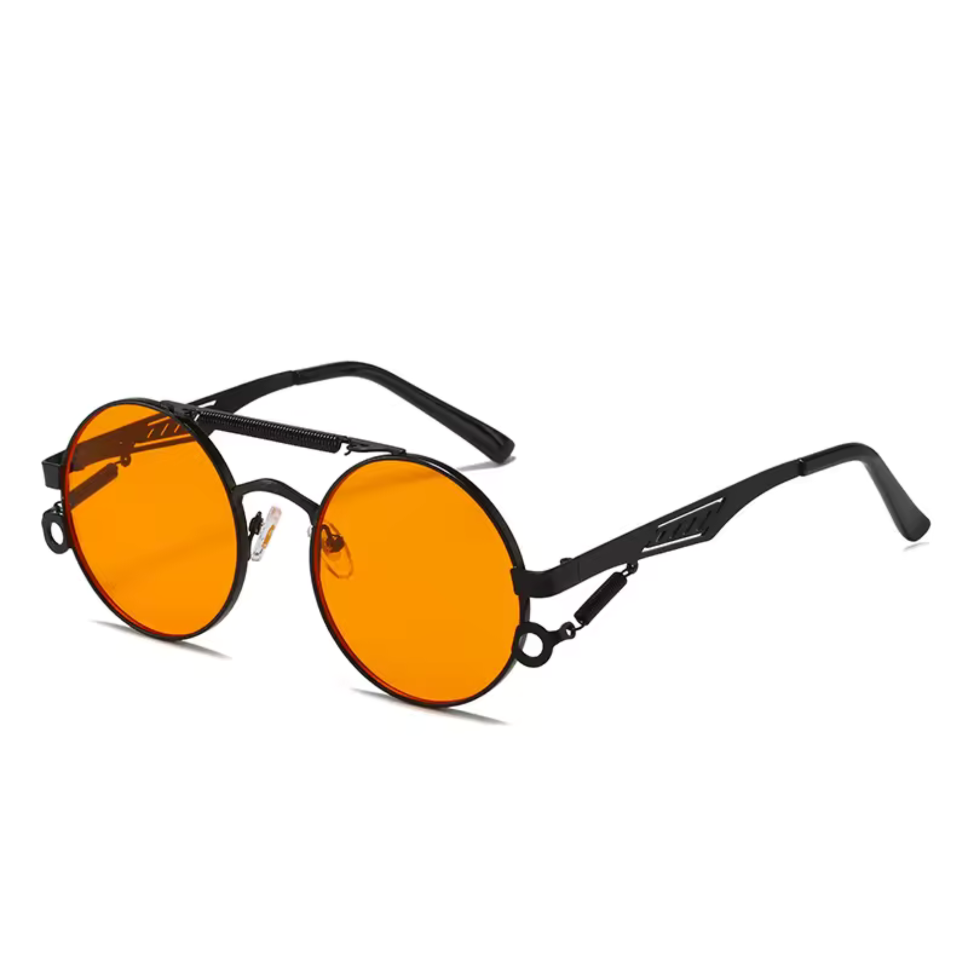 Circle sunglasses with a orange lenses with black  plating on a white background.