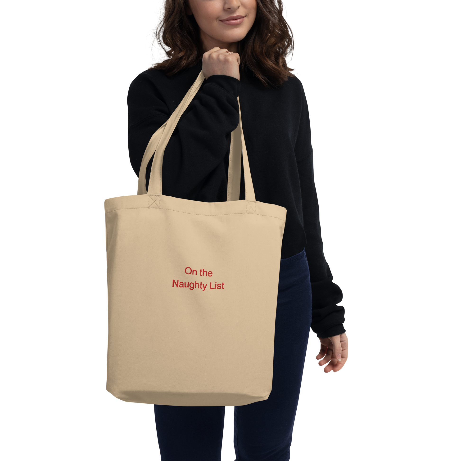 Organic Cotton Tote Bag in Oyster on a woman.