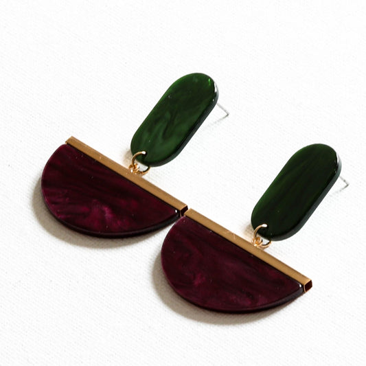 Upcycled Burgundy & Green Resin Drop Earrings