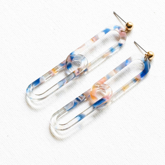 Upcycled Blue Rose Link Resin Drop Earrings
