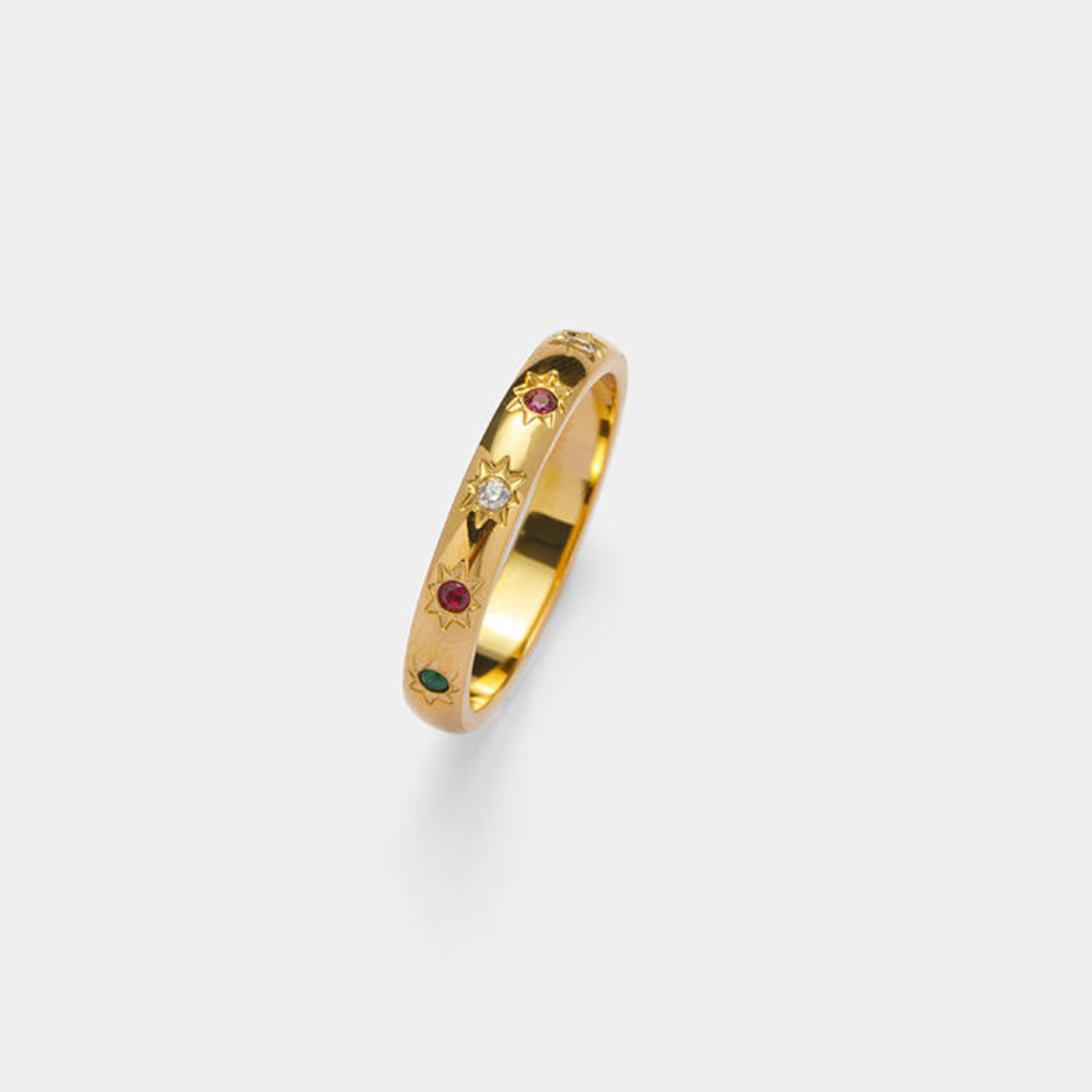 Stainless Steel 18K Gold Plated Celestial Stone Ring with embedded gemstones on a white background.