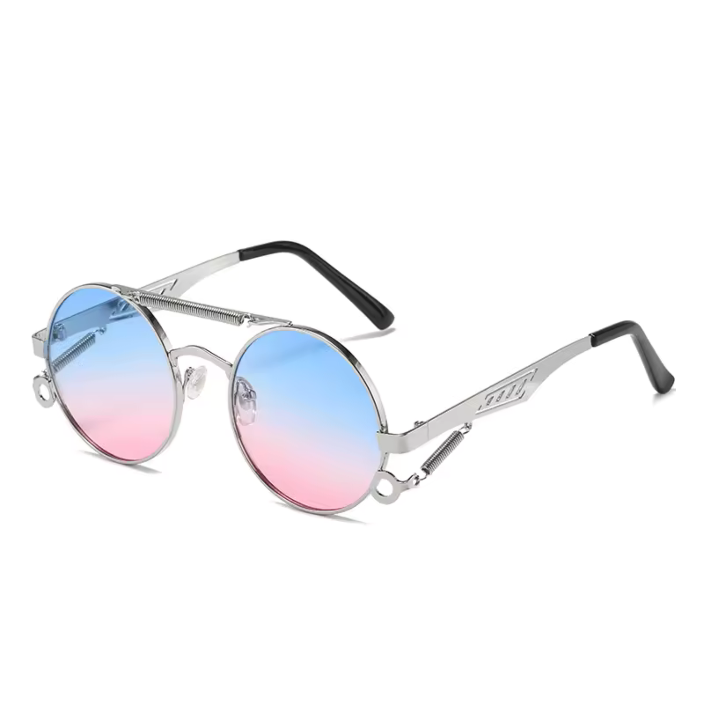 Circle sunglasses with a gradient lenses of blue and pink with silver plating on a white background.