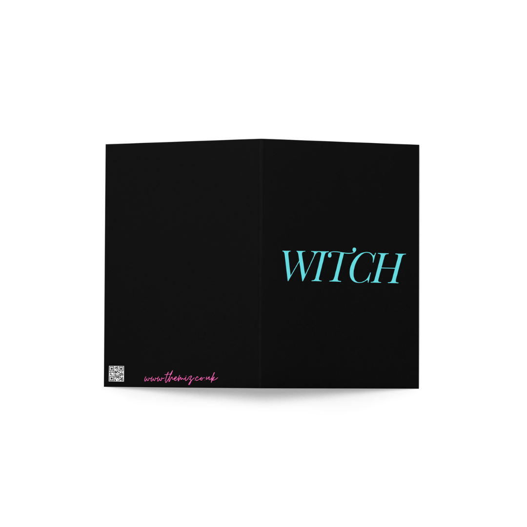 Black greeting card with 'WITCH' in turquoise text on a white background.