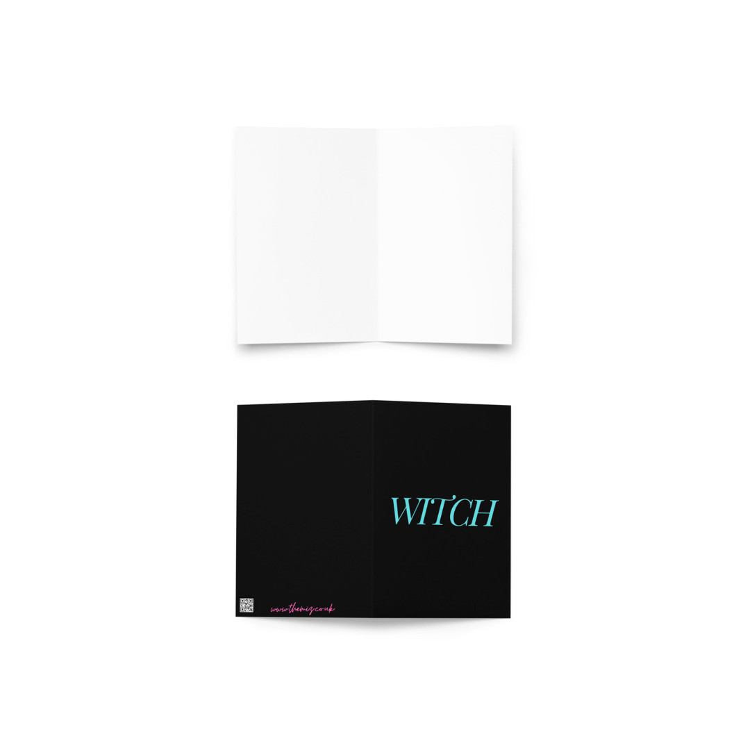 Black greeting card with 'WITCH' in turquoise text on a white background