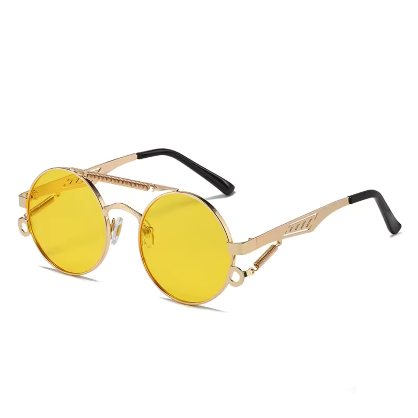 Circle sunglasses with yellow lenses with gold plating on a white background.