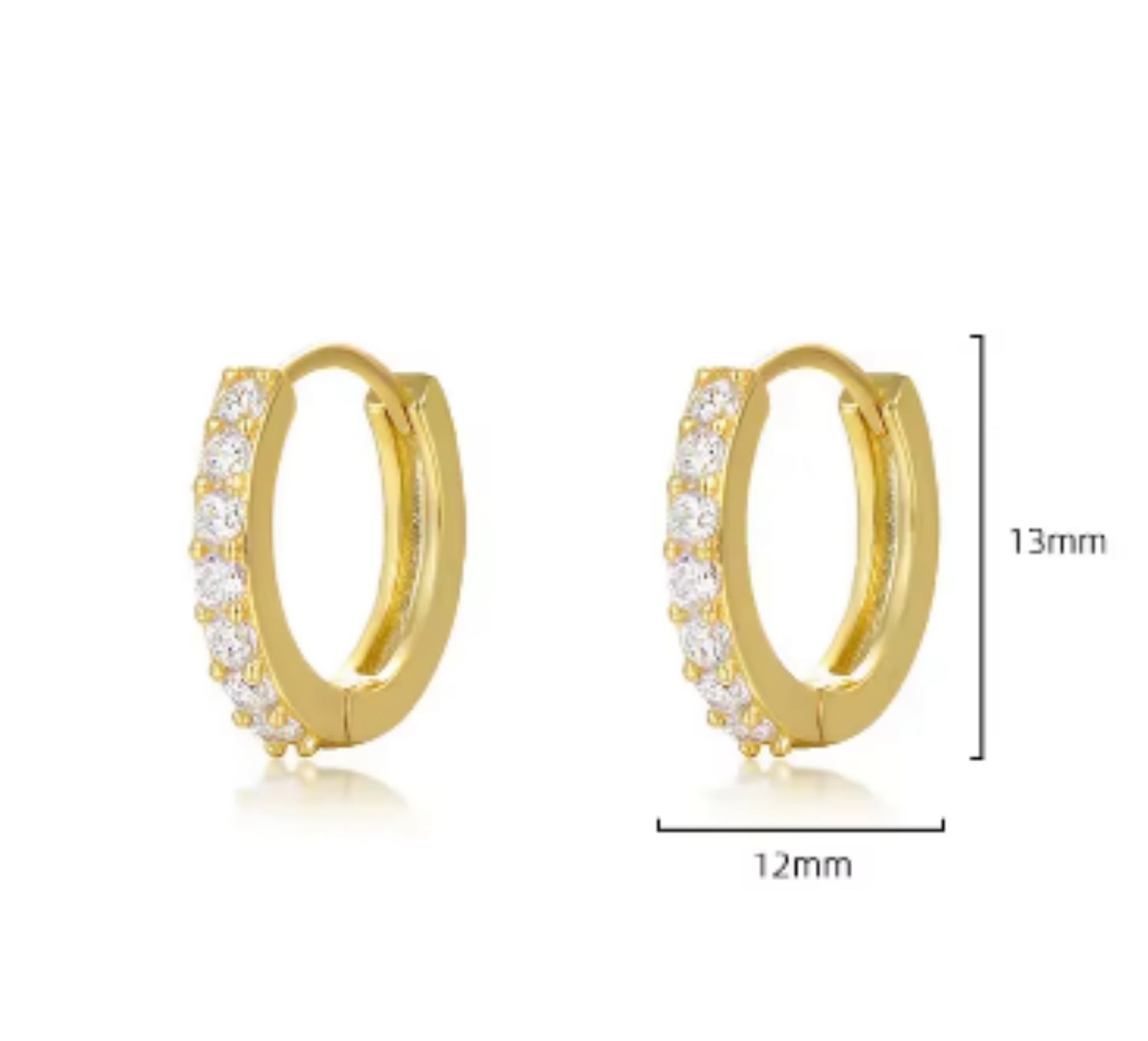 Gold Plated Crystal Stone Mini Hoops on a white background with measurements.