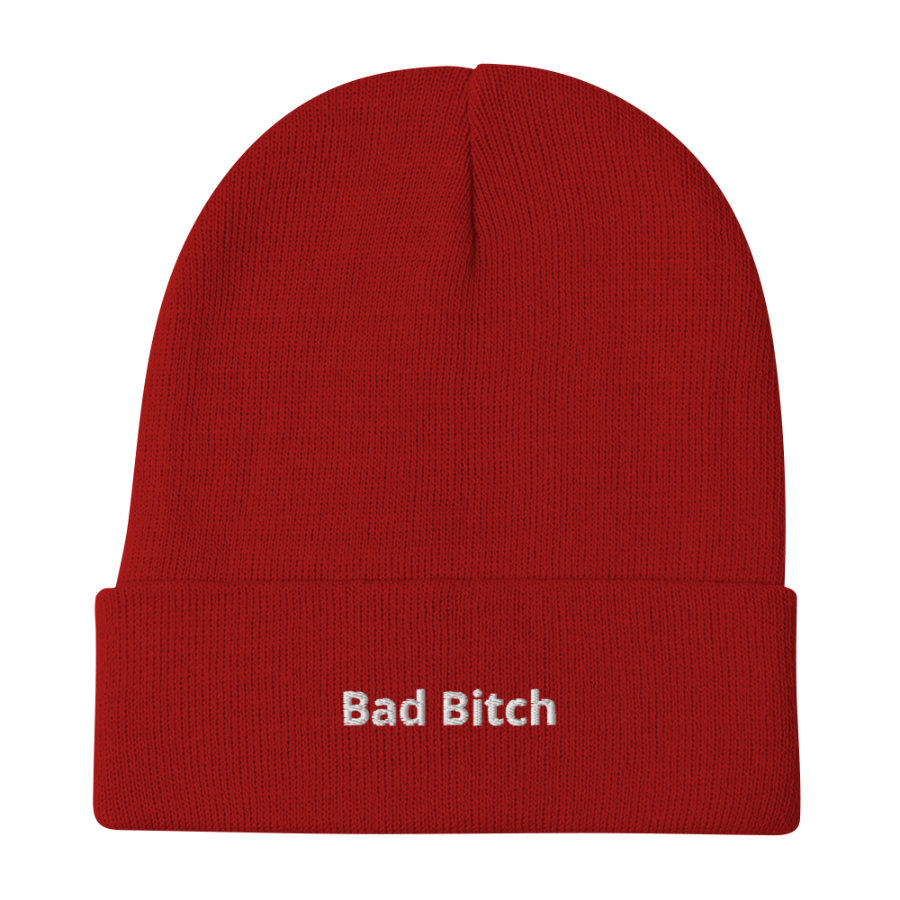 Red beanie with a logo on a white background